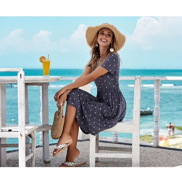 Blue and White Polka Dot Summer Dress with Pockets - Picture 3 of 4